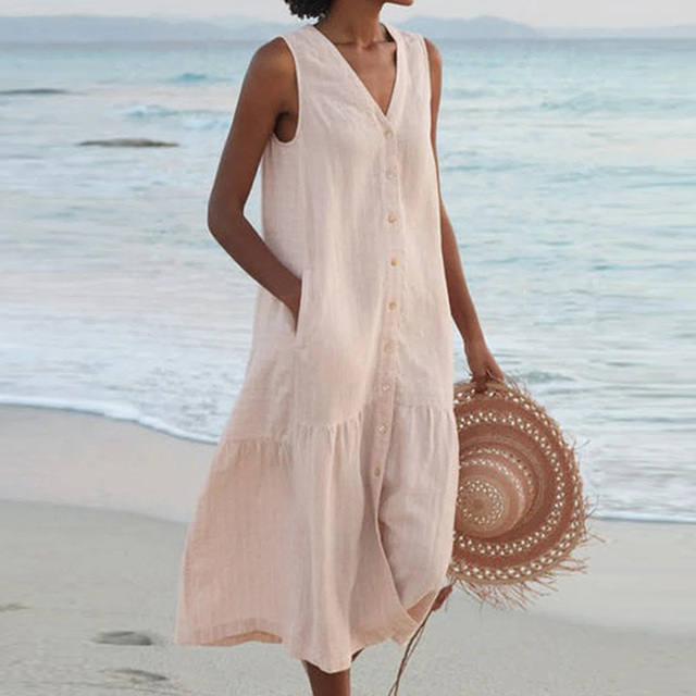 Kristin | Women's Linen V-neck Summer Dress with Buttons