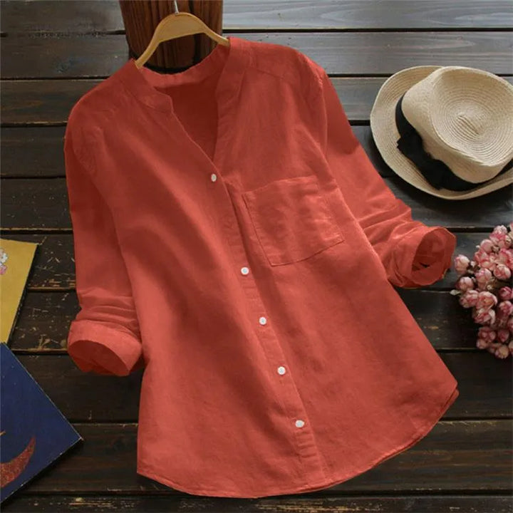 Flynn | Women's Long Sleeve Linen Shirt with V-neck and Buttons