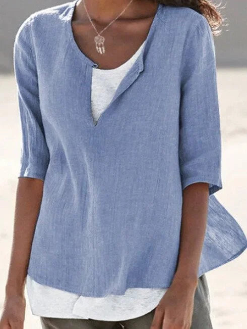 Amalia | Women's Layered Linen Top with Half Sleeves and Split Neck