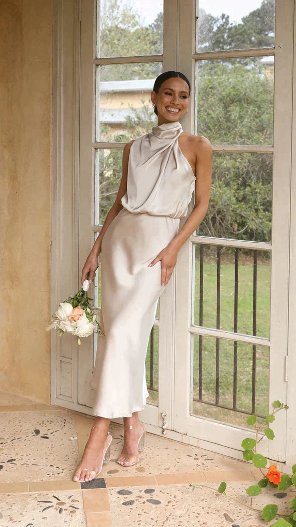 Selmira | Women's Elegant Satin Midi Dress with Halter Neck