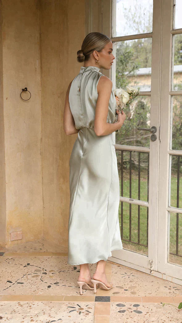 Selmira | Women's Elegant Satin Midi Dress with Halter Neck