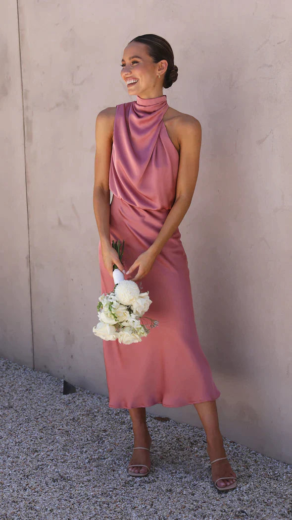 Selmira | Women's Elegant Satin Midi Dress with Halter Neck