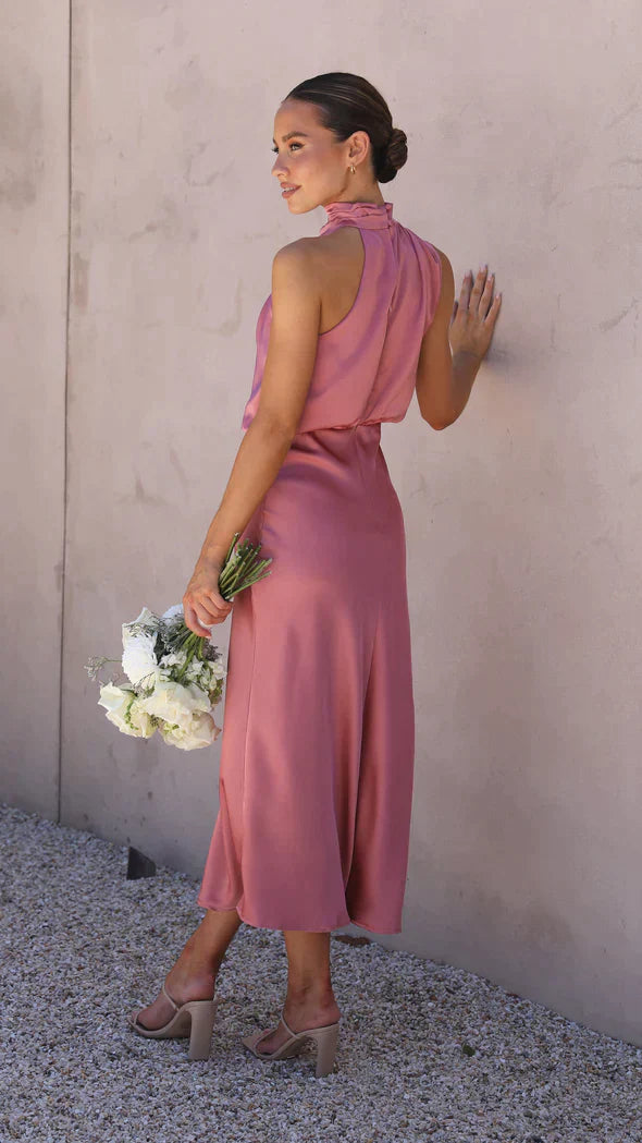 Selmira | Women's Elegant Satin Midi Dress with Halter Neck