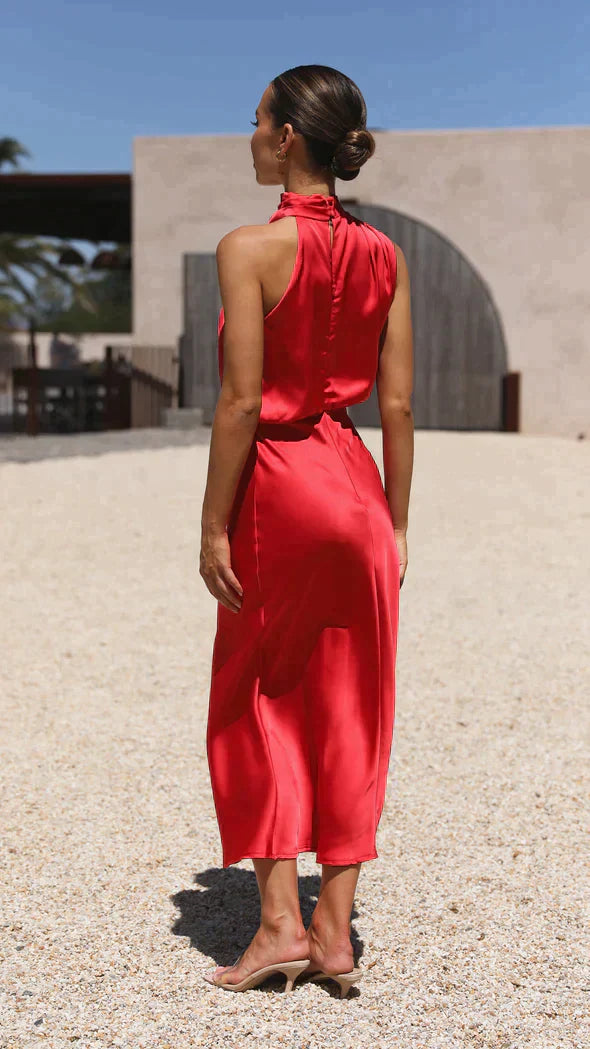 Selmira | Women's Elegant Satin Midi Dress with Halter Neck