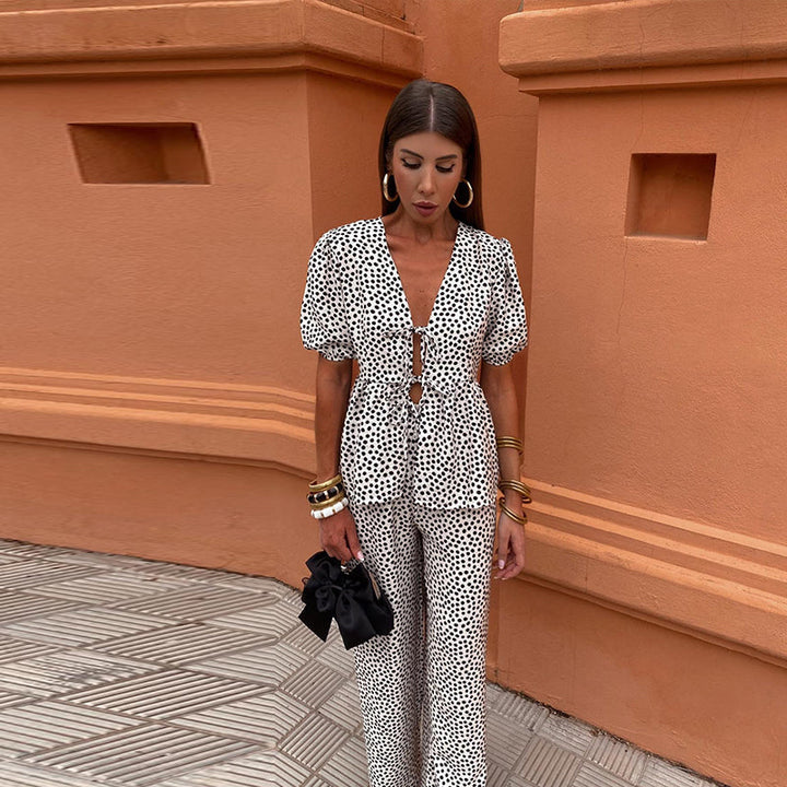 Nicole | Women's Printed Two Piece Casual Set with Pants and Puff Sleeve