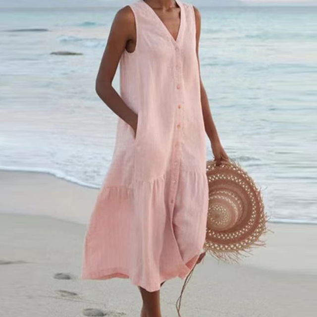Kristin | Women's Linen V-neck Summer Dress with Buttons