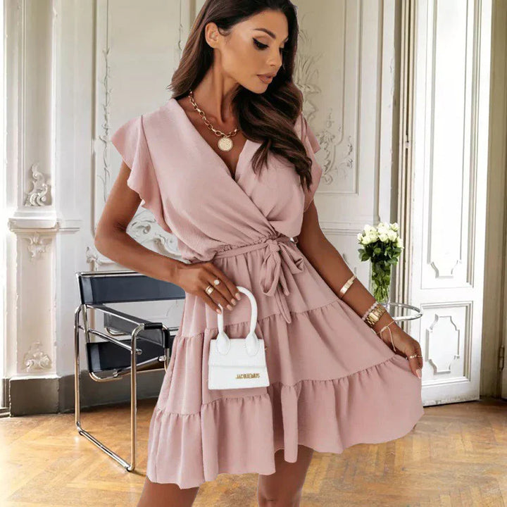 Vanna | Women's V Neck Wrap Mini Dress with Self Tie Belt