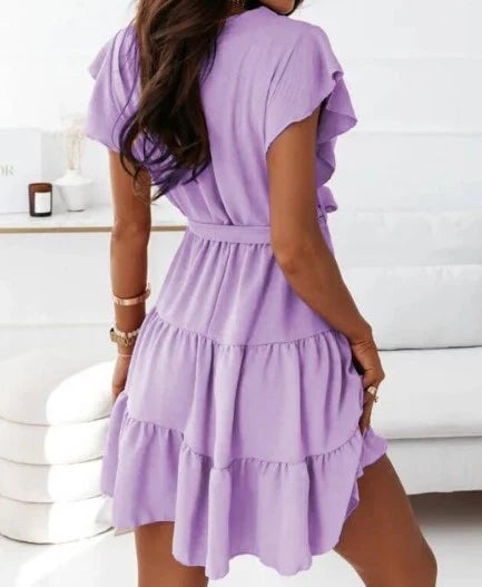 Vanna | Women's V Neck Wrap Mini Dress with Self Tie Belt