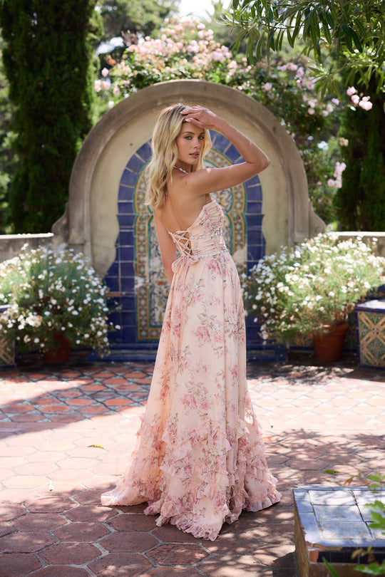 Dahlia | Women's Floral Halter Maxi Dress with Pearl Accents