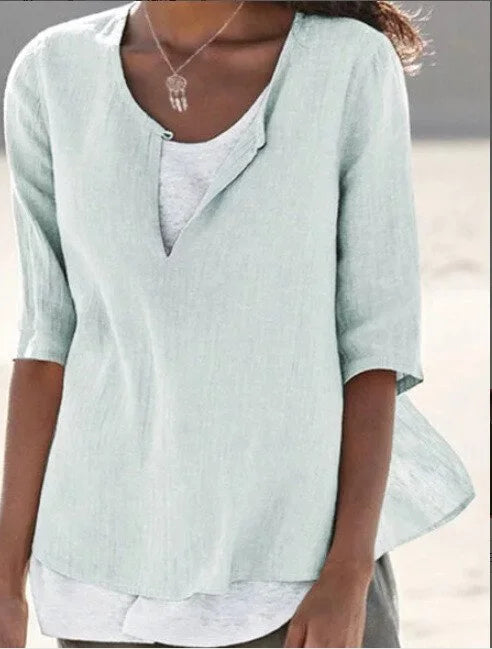 Amalia | Women's Layered Linen Top with Half Sleeves and Split Neck
