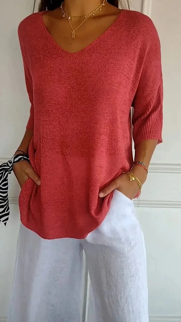 Kimberly | Women's Loose Fit 3/4 Sleeves V Neck Knit Top