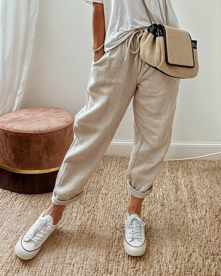Sandra | Women's Casual Drawstring Tapered Linen Trousers