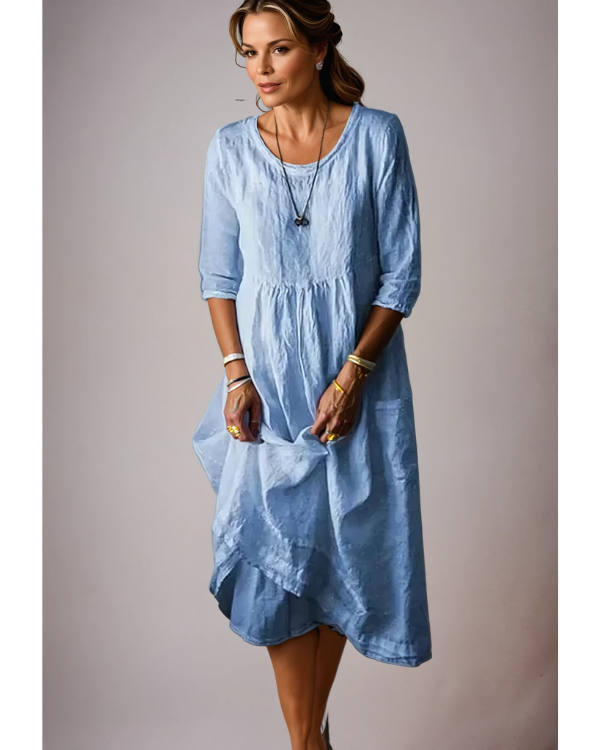 Noelle | Women's Linen 3/4 Sleeve Midi Dress with Round Neck