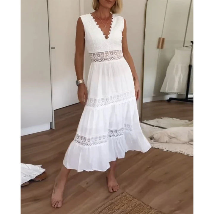 Fern | Women's Sleeveless Lace Trim V-Neck A-Line Boho Dress
