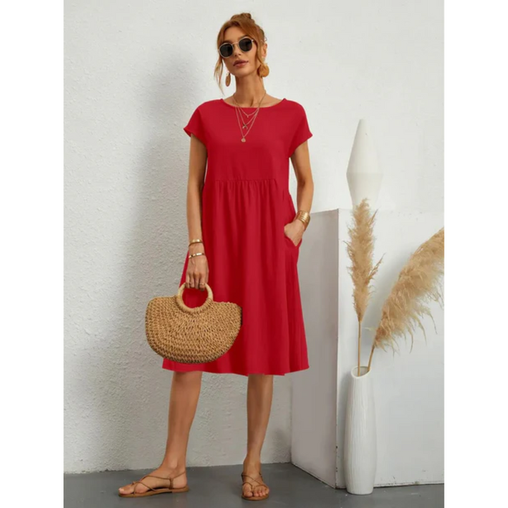 Quinn | Women's Short Sleeve Summer Midi Dress with Pockets