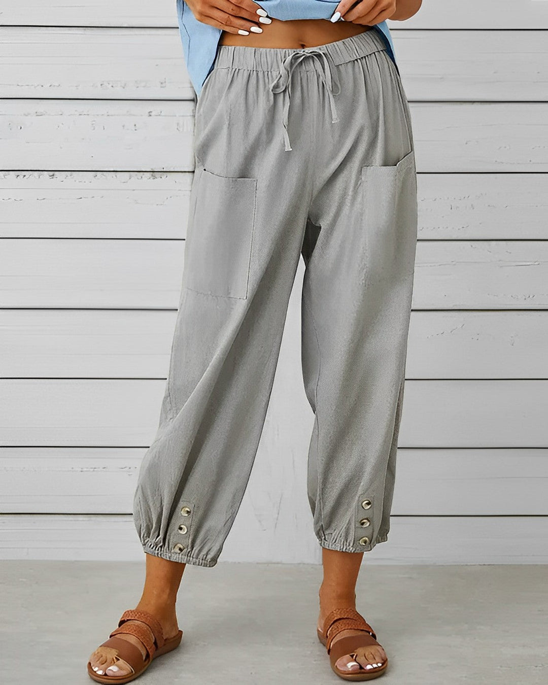 Judith | Women's High Waisted Linen Harem Pants with Ankle Buttons