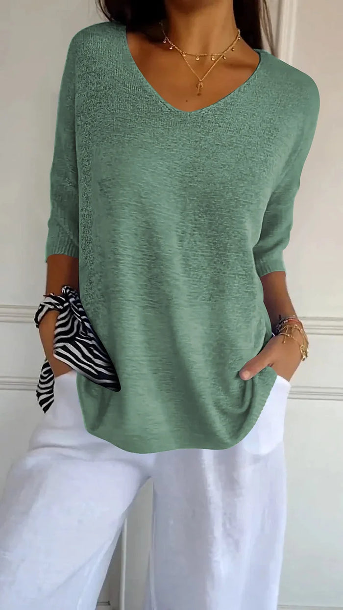 Kimberly | Women's Loose Fit 3/4 Sleeves V Neck Knit Top