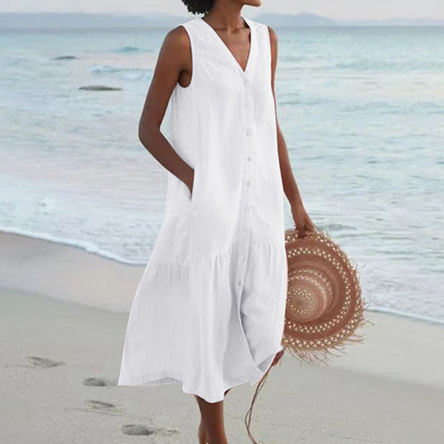 Kristin | Women's Linen V-neck Summer Dress with Buttons