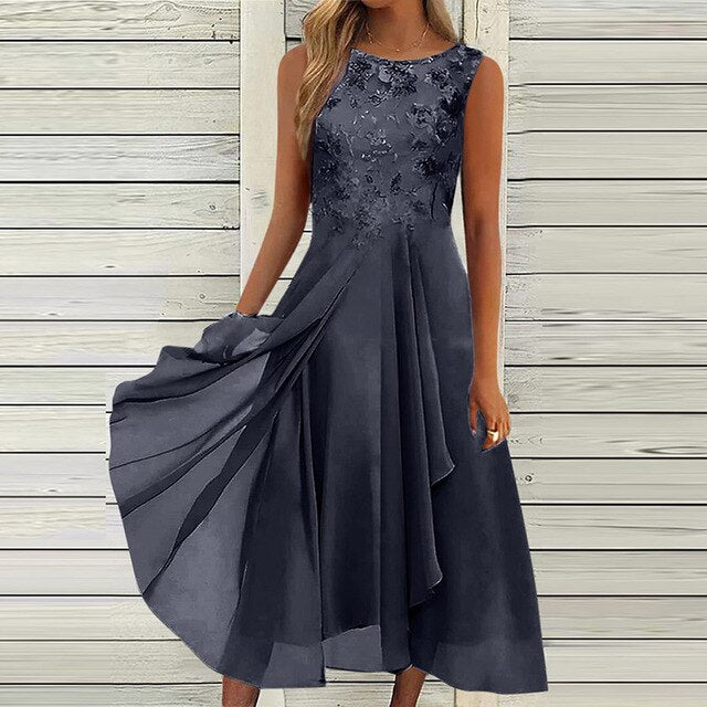 Cassidy | Women's Floral Lace Overlay Midi Dress with Sleeveless