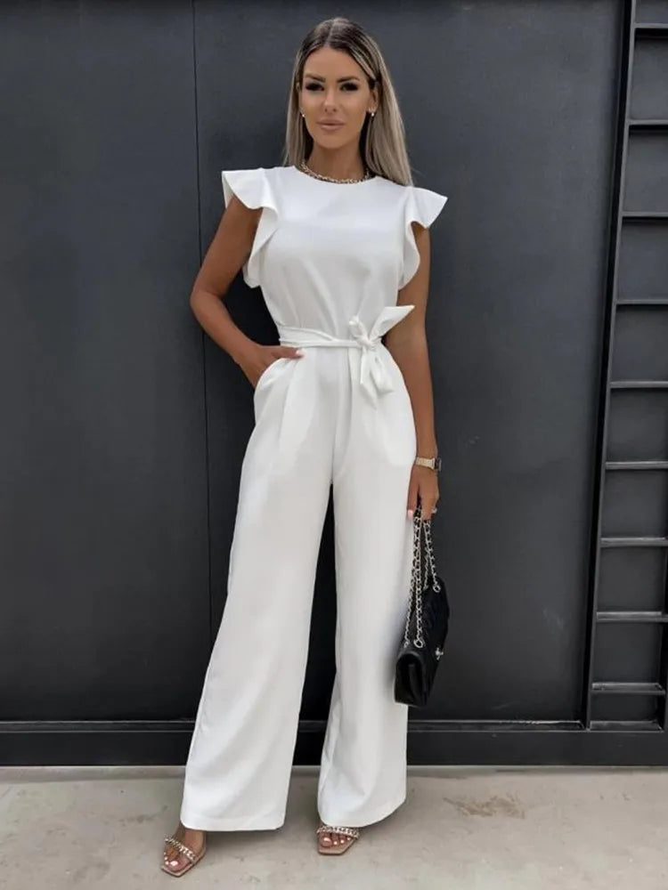 Amanda | Women's Wide Leg Jumpsuit with Self-Tie Belt