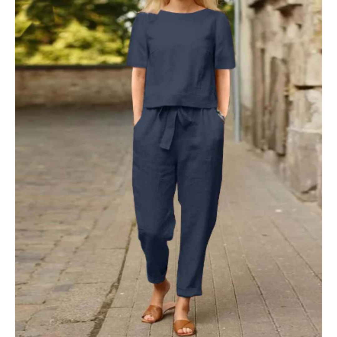 Helena | Women's Linen Short Sleeve Blouse and Trousers Set