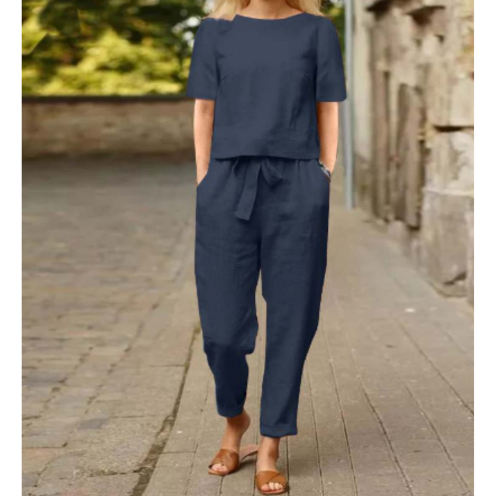 Helena | Women's Linen Short Sleeve Blouse and Trousers Set