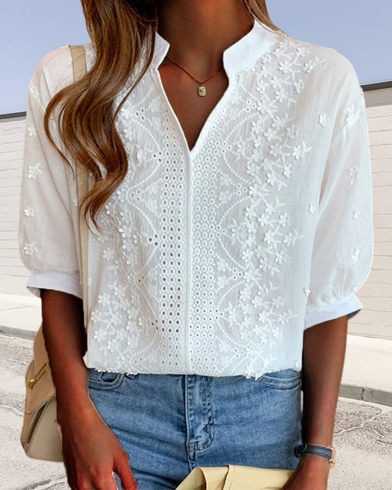 Naomi | Women's Embroidered Eyelet Blouse with Puff Sleeves