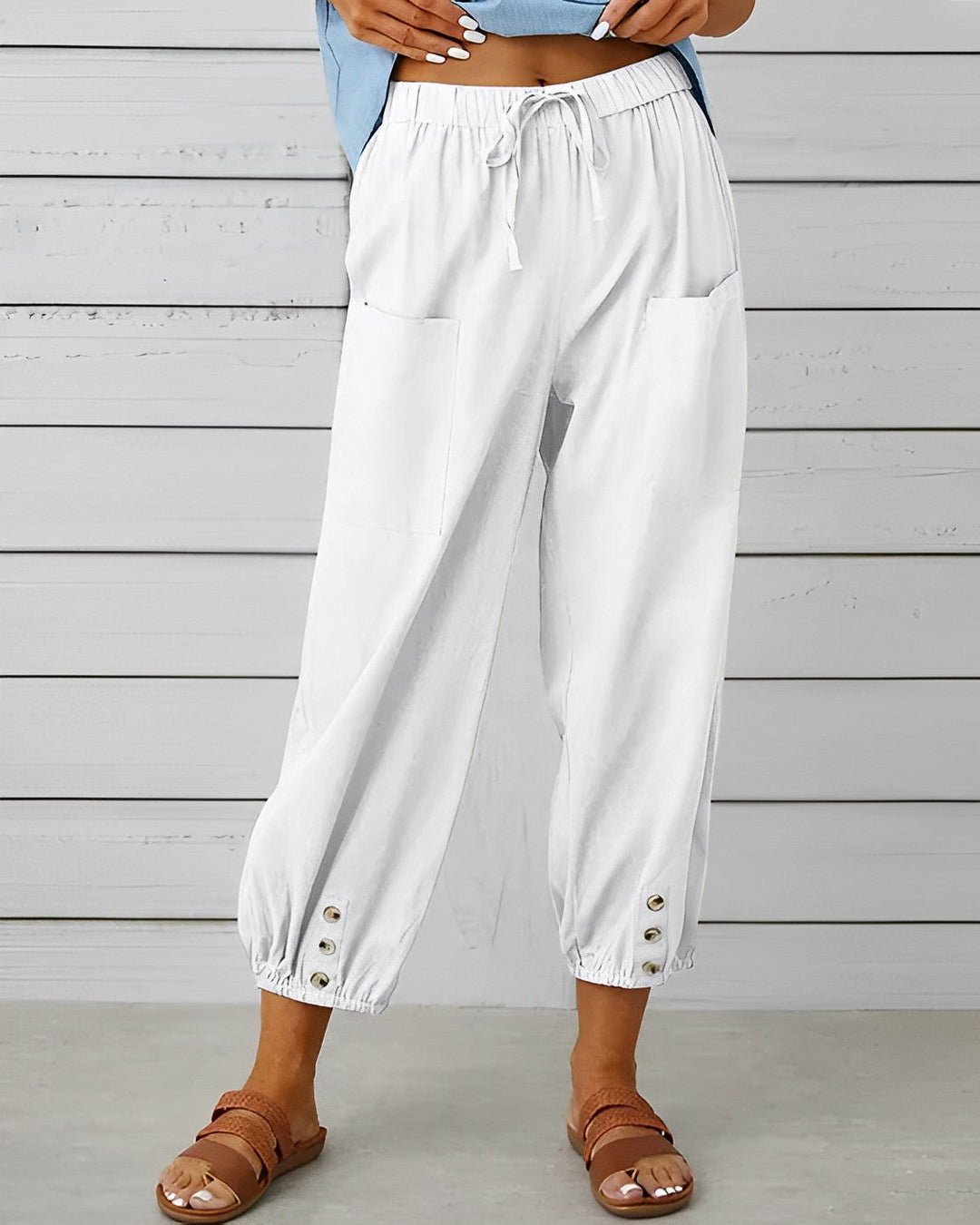 Judith | Women's High Waisted Linen Harem Pants with Ankle Buttons