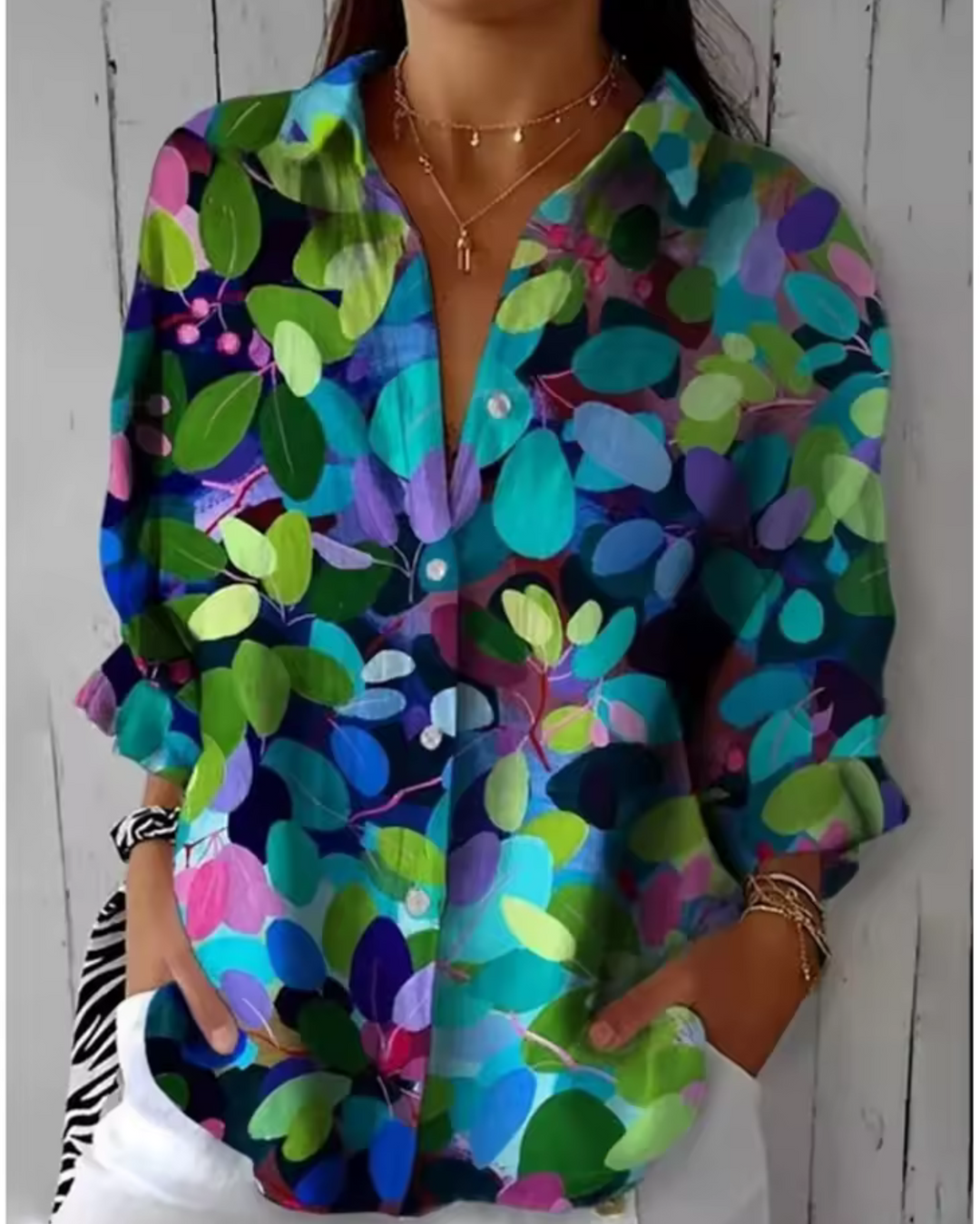 Laura | Women's Chic Long Sleeves Geometric Print V Neck Blouse