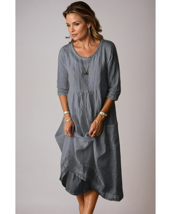 Noelle | Women's Linen 3/4 Sleeve Midi Dress with Round Neck
