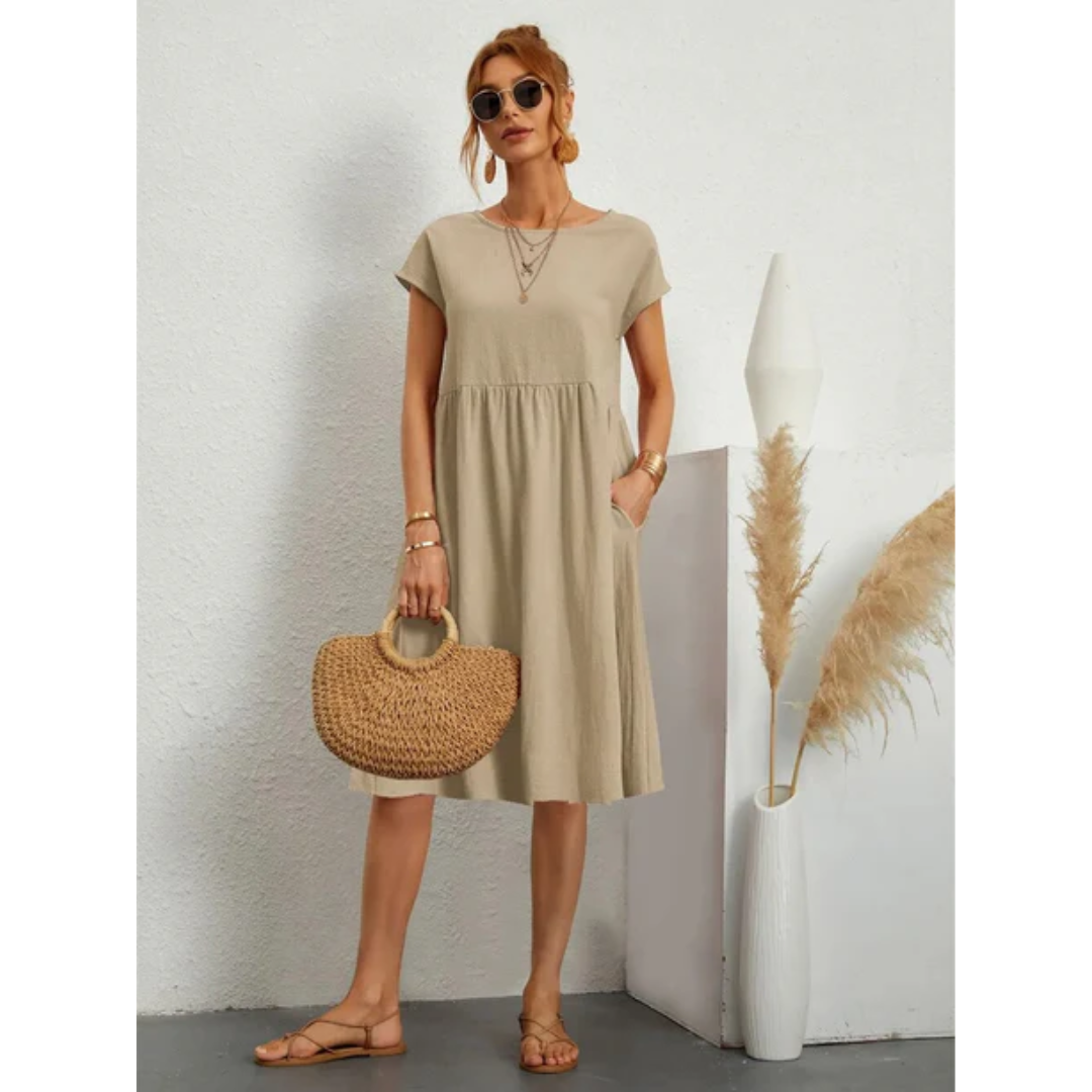 Quinn | Women's Short Sleeve Summer Midi Dress with Pockets