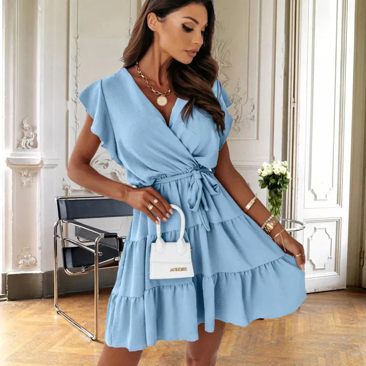 Vanna | Women's V Neck Wrap Mini Dress with Self Tie Belt