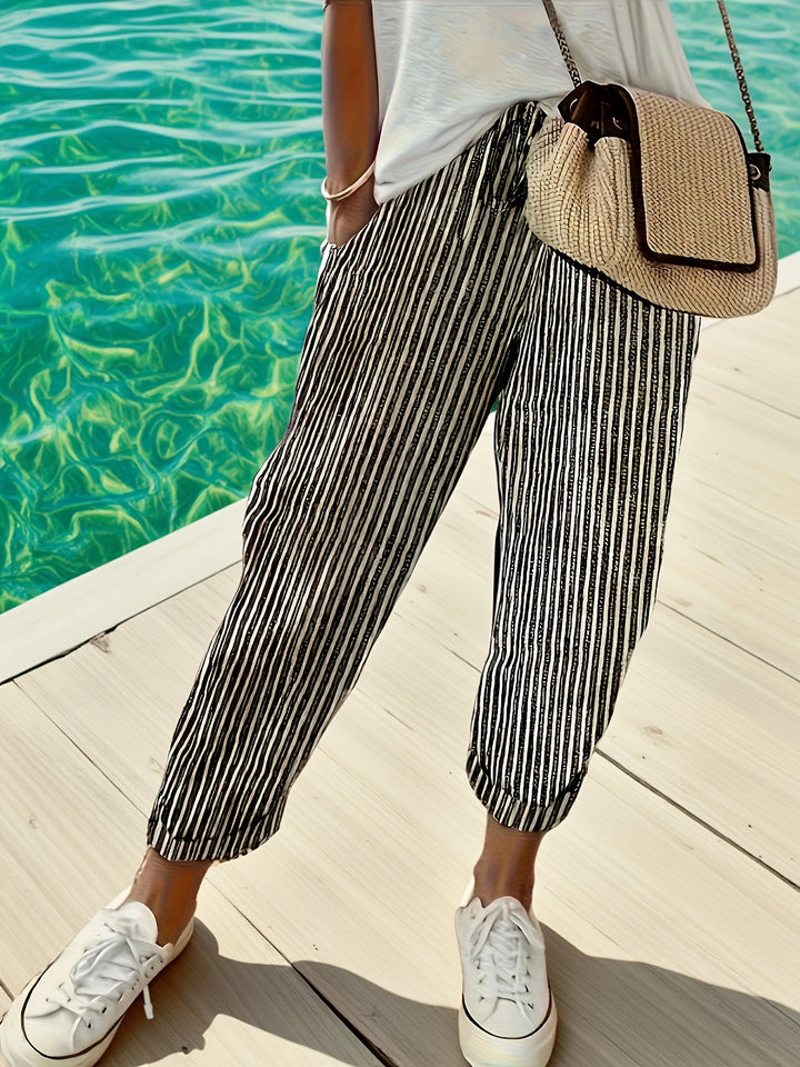 Jordana | Women's Striped Loose Fit Pants with Folded Hem