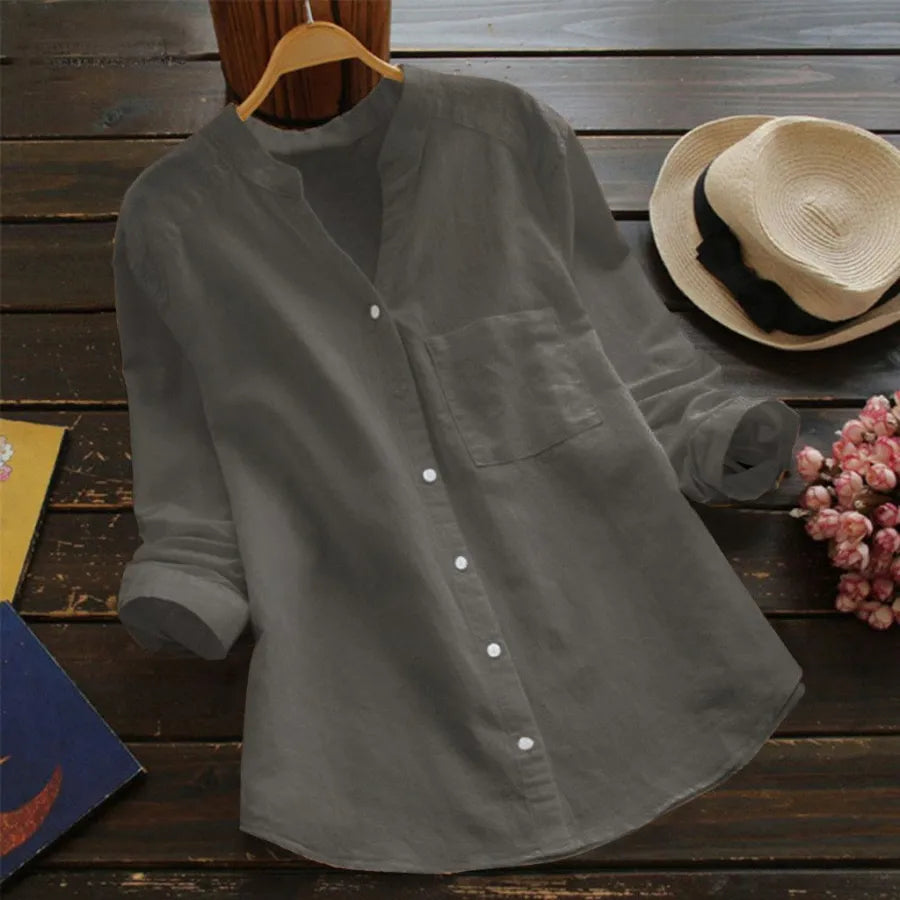 Flynn | Women's Long Sleeve Linen Shirt with V-neck and Buttons
