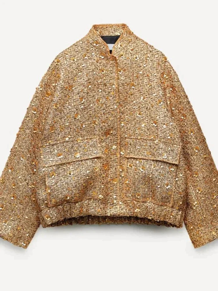 Queenie | Women's Gold Sequin Bomber Jacket with Snap Buttons