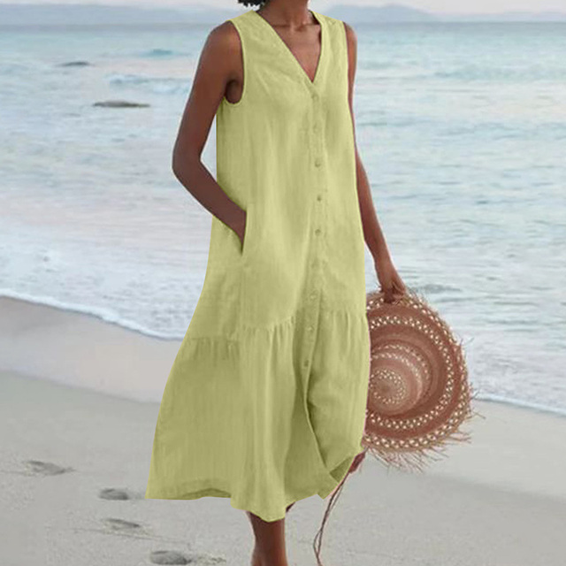 Kristin | Women's Linen V-neck Summer Dress with Buttons