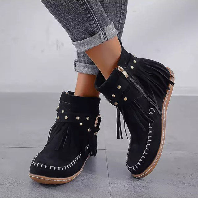 Brinelle | Women's Vintage Fringe Winter Boots with Buckle and Zipper