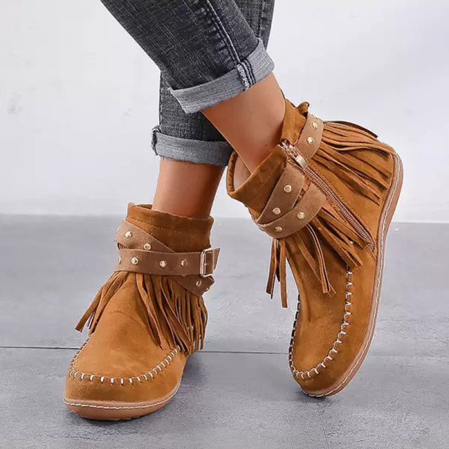 Brinelle | Women's Vintage Fringe Winter Boots with Buckle and Zipper