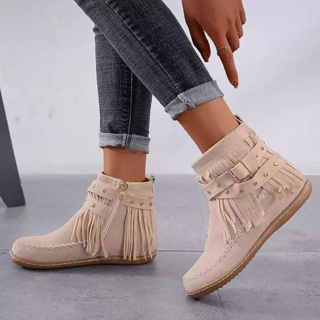Brinelle | Women's Vintage Fringe Winter Boots with Buckle and Zipper