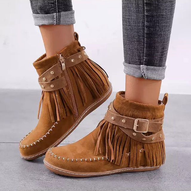 Brinelle | Women's Vintage Fringe Winter Boots with Buckle and Zipper
