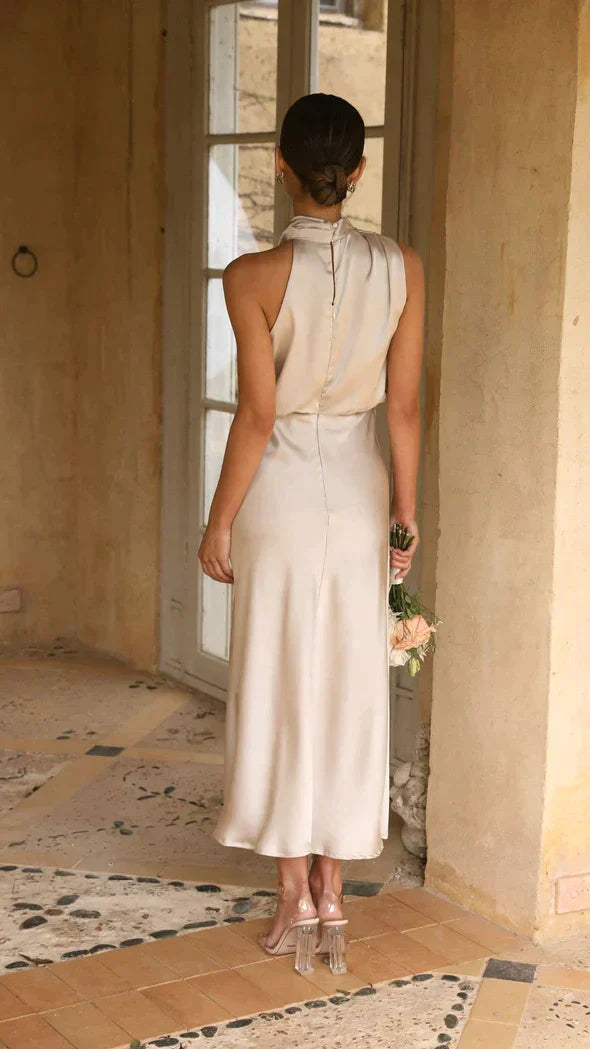 Selmira | Women's Elegant Satin Midi Dress with Halter Neck