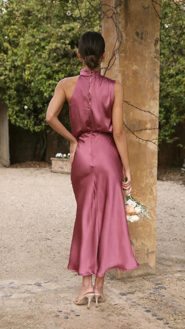 Selmira | Women's Elegant Satin Midi Dress with Halter Neck