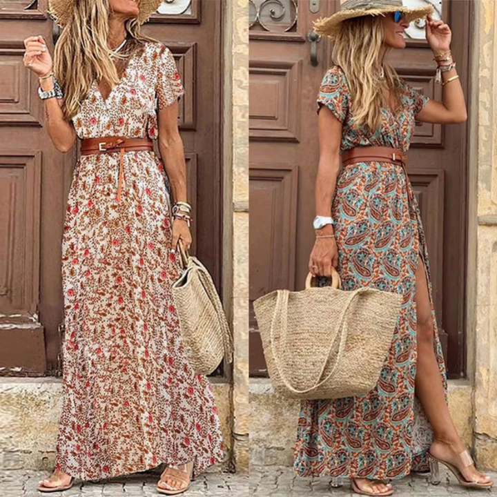 Kara | Women's Boho Short Sleeve Maxi Dress with V Neck