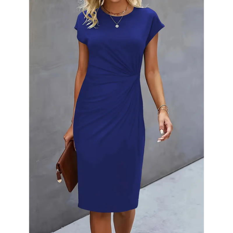 Kendall | Women's Short Sleeve Midi Dress with Pleated Front