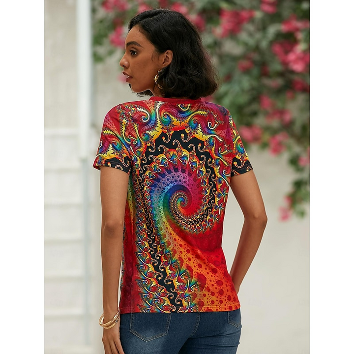 Jade | Women's V Neck Short Sleeve Summer Top with Colorful Spiral Print