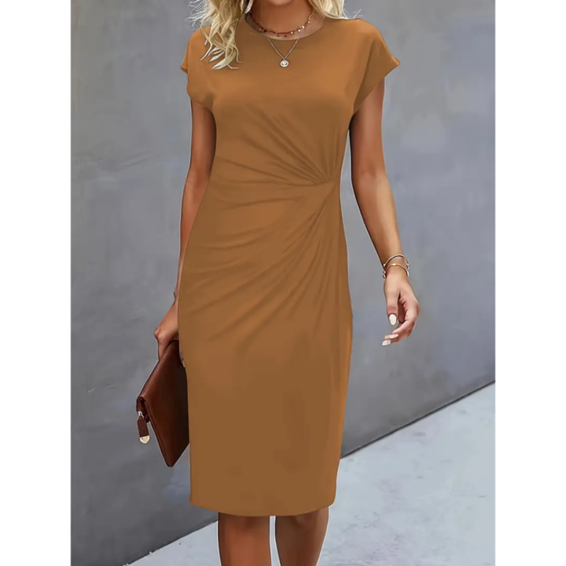 Kendall | Women's Short Sleeve Midi Dress with Pleated Front