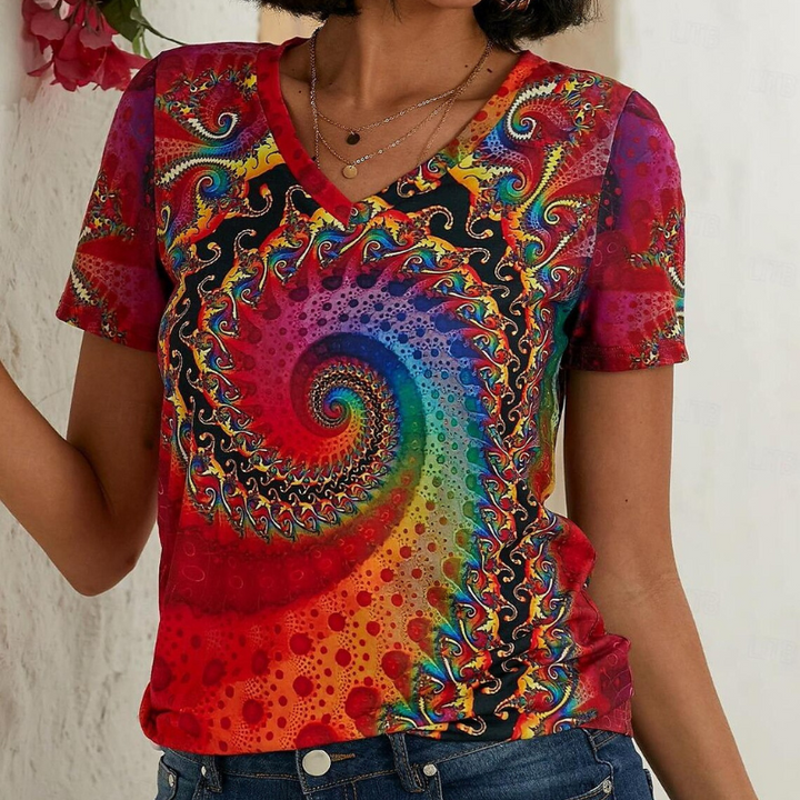 Jade | Women's V Neck Short Sleeve Summer Top with Colorful Spiral Print