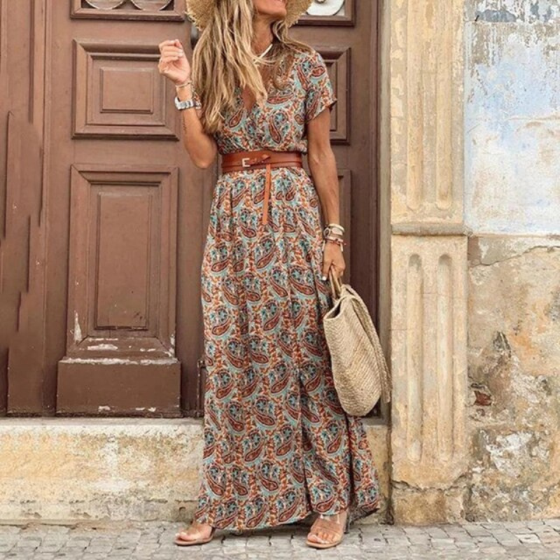 Kara | Women's Boho Short Sleeve Maxi Dress with V Neck