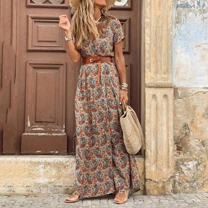 Kara | Women's Boho Short Sleeve Maxi Dress with V Neck