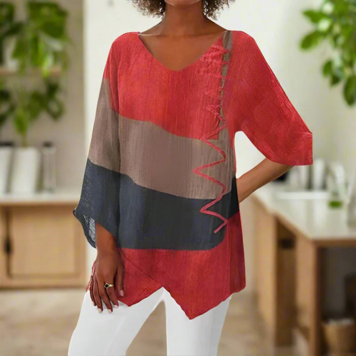Danica | Women's Three Tone Long Sleeve Blouse with Asymmetric Hem